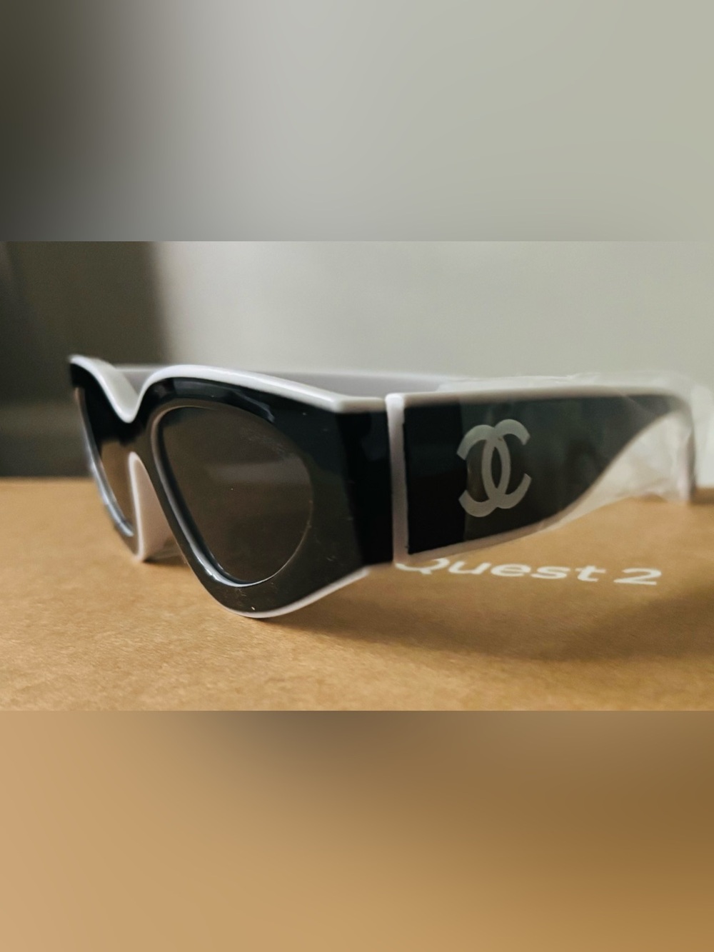 CHANEL Black and White CC Logo Sunglasses Temple